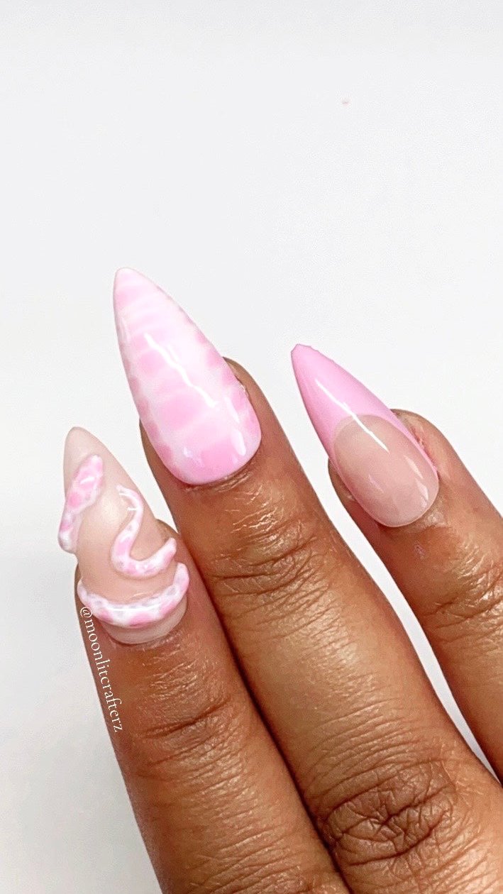 Pink Snake Print Halloween Gel Press On Nails - MoonlitCrafterz