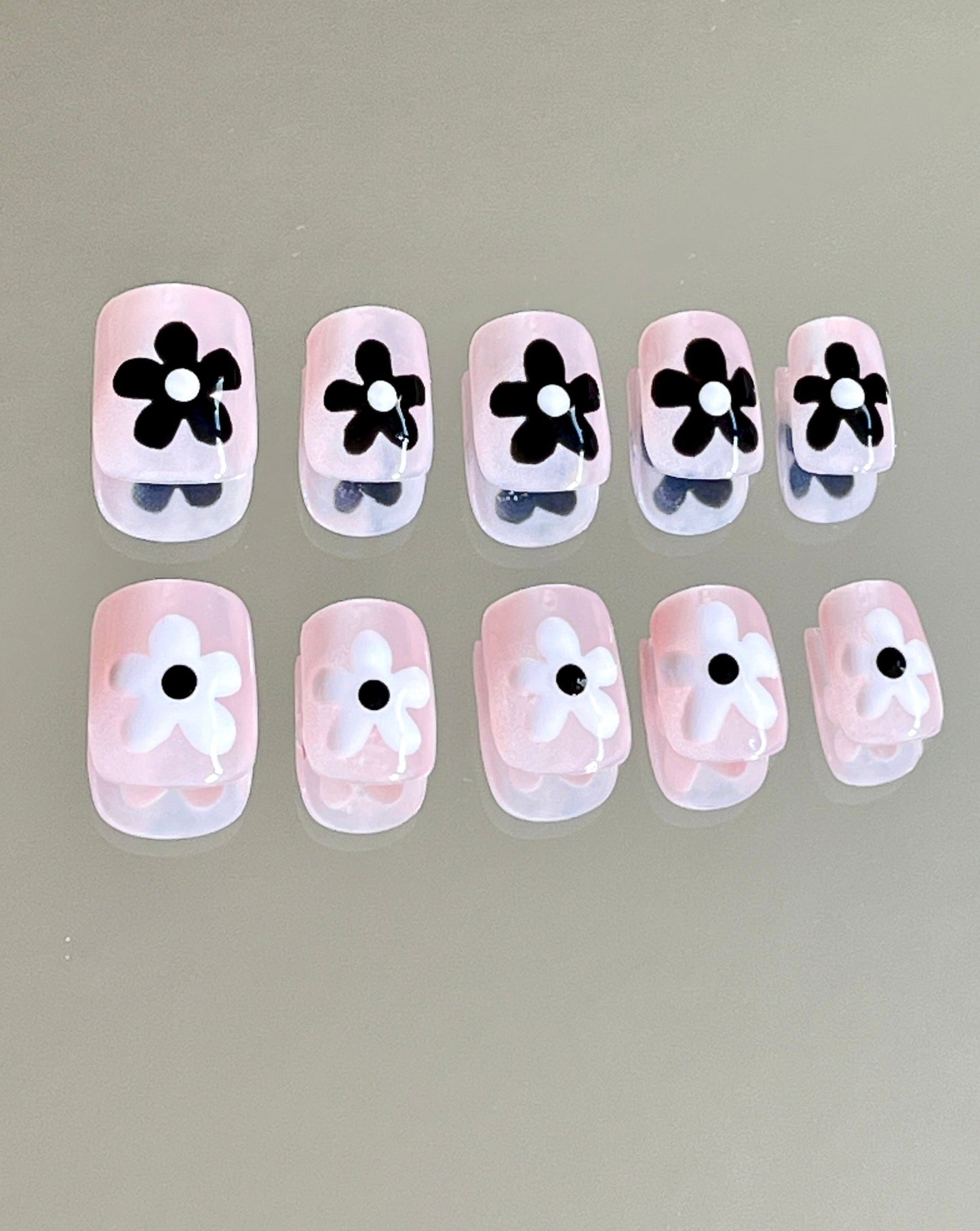 Black and White Halloween Flower Gel Press On Nails - MoonlitCrafterz