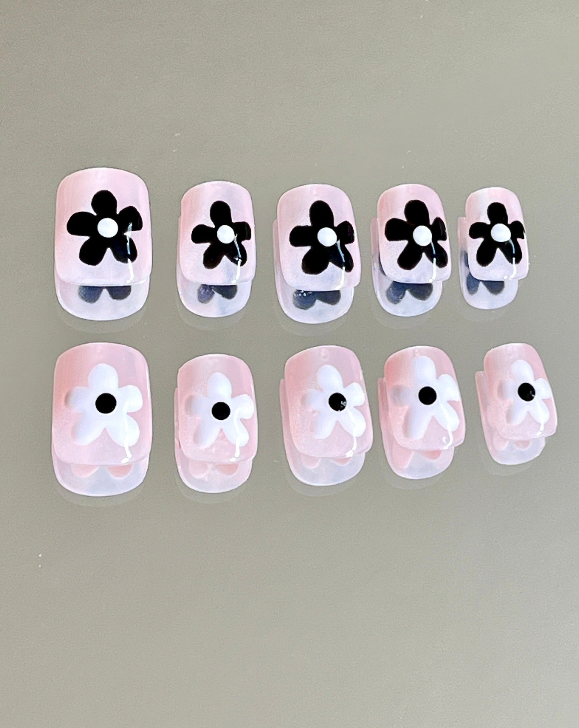 Black and White Halloween Flower Gel Press On Nails - MoonlitCrafterz