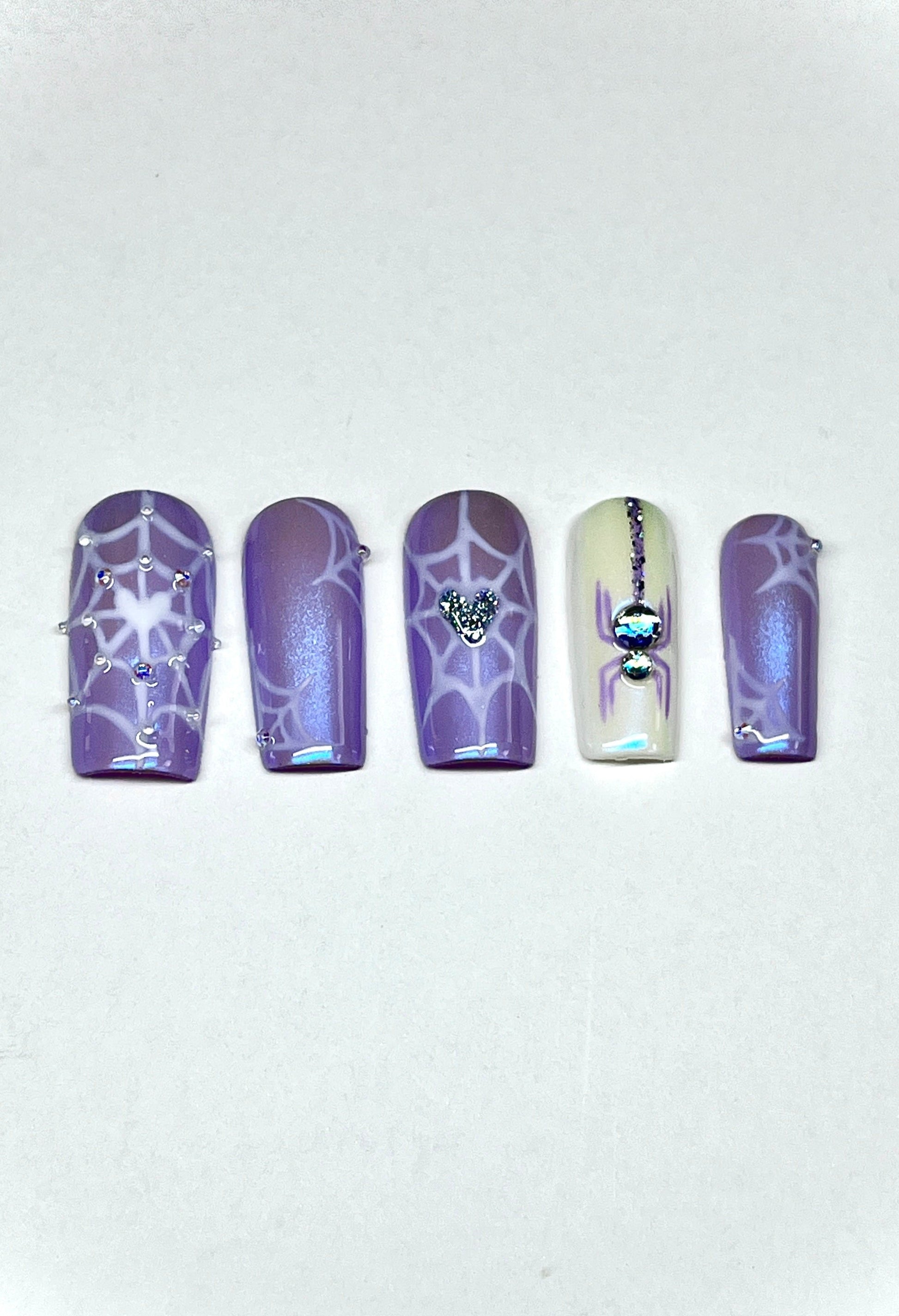 Purple Spider Web Halloween Nail Art Gel Press On Nails - MoonlitCrafterz