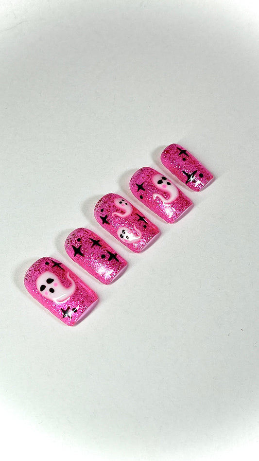 Pink-a-BOO Ghost Glitter Halloween Gel Press On Nails - MoonlitCrafterz