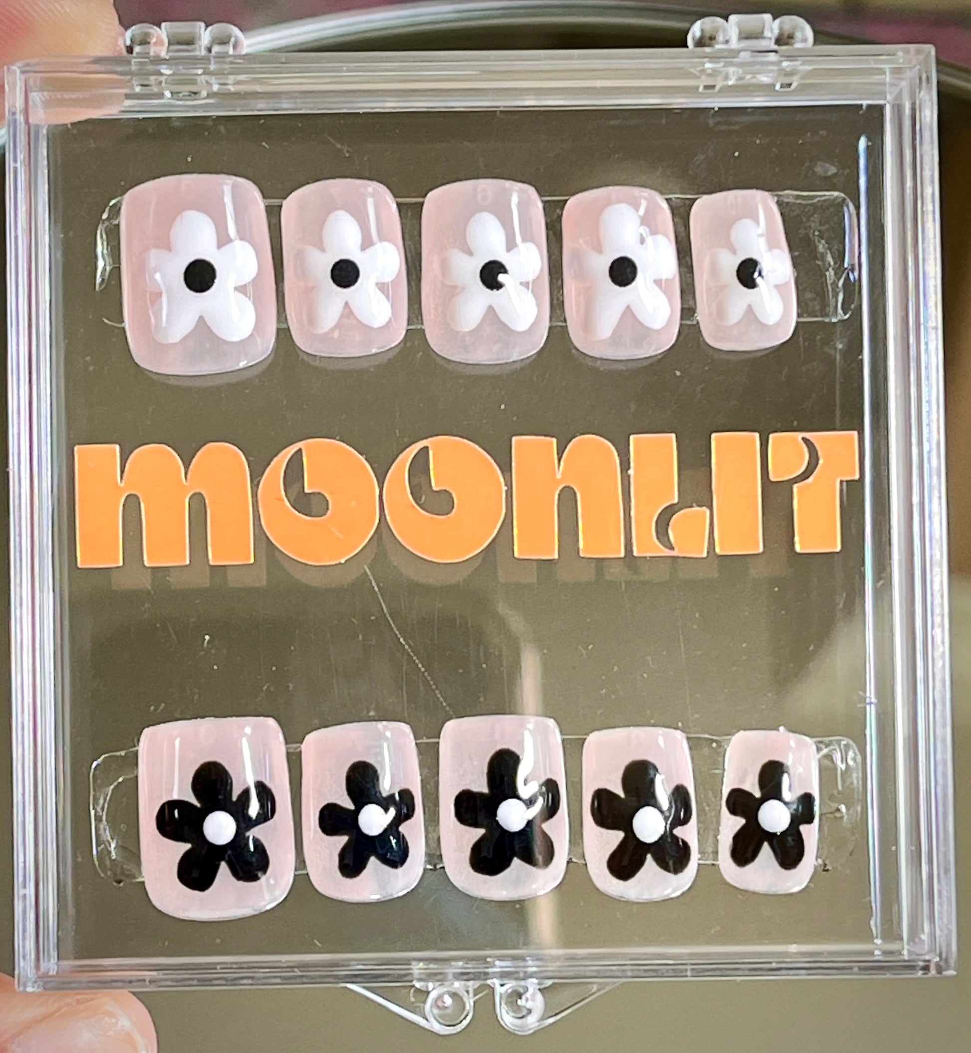 Black and White Halloween Flower Gel Press On Nails - MoonlitCrafterz