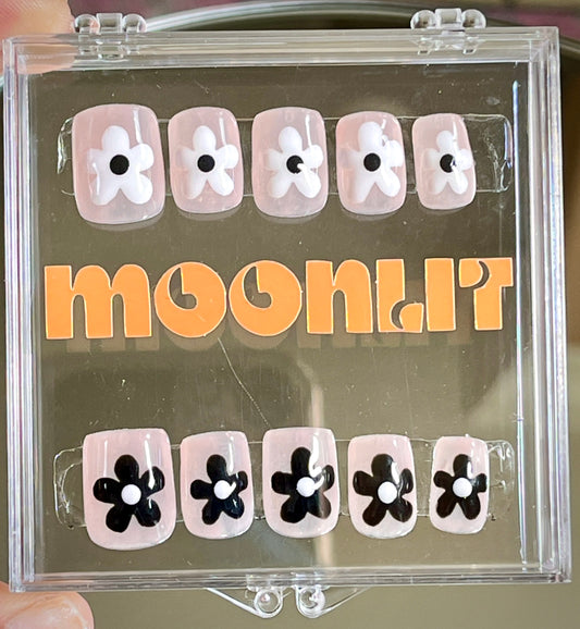 Black and White Halloween Flower Gel Press On Nails - MoonlitCrafterz