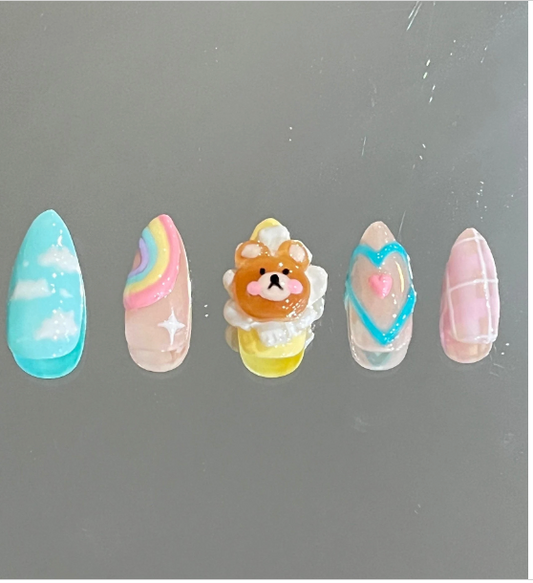 Rainbow Kawaii Teddy Bear Pink Plaid Press On Nails - MoonlitCrafterz