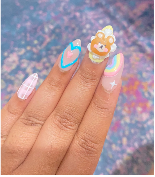 Rainbow Kawaii Teddy Bear Pink Plaid Press On Nails - MoonlitCrafterz