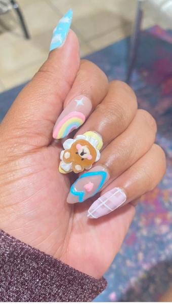 Rainbow Kawaii Teddy Bear Pink Plaid Press On Nails - MoonlitCrafterz