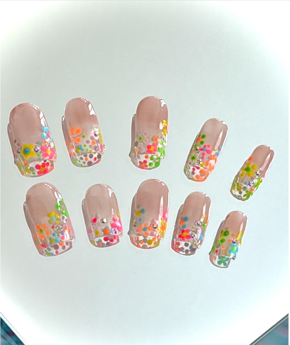Colorful Spring Flower Gel Press On Nails - MoonlitCrafterz