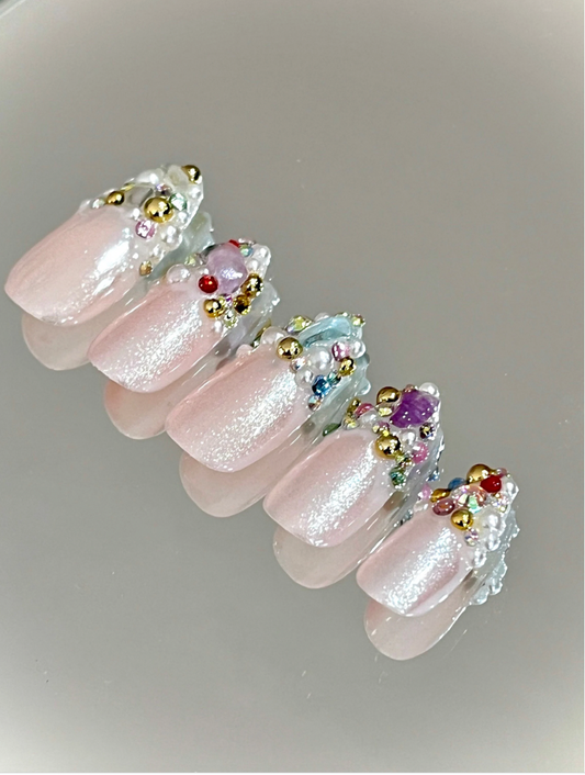 Free Style Rainbow Crystal Treasure Chest Junk Press On Nails - MoonlitCrafterz