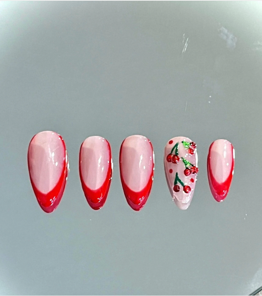 Red Cherry French Tip Gel Press On Nails - MoonlitCrafterz