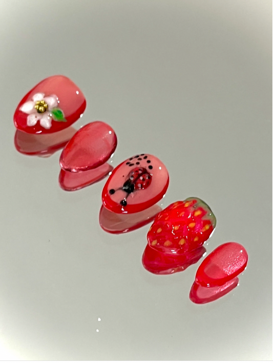 3D Strawberry and Lady Bug Gel Press On Nails - MoonlitCrafterz