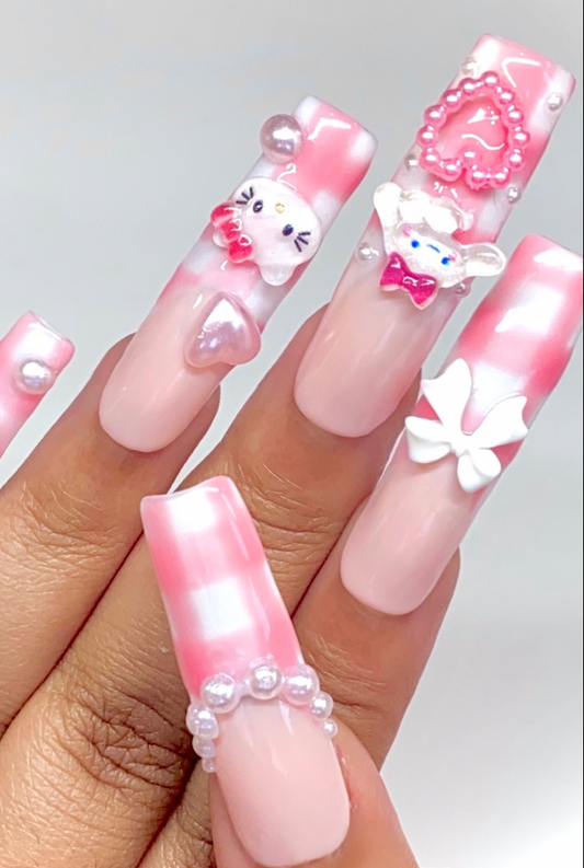 Summer Pink Plaid & Pearl Gel Press On Nails - MoonlitCrafterz