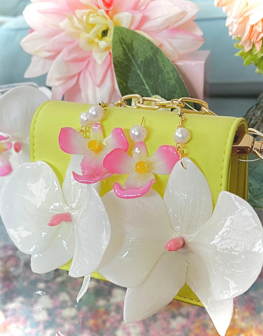 White and Pink Orchid 14K Gold Drop Earrings - MoonlitCrafterz