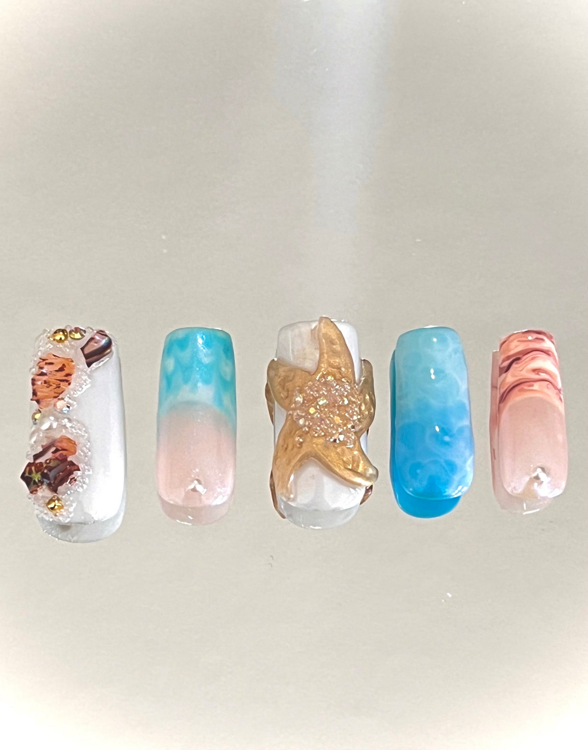Free Style Blue Ocean and Abalone Sea Shell Press On Nails - MoonlitCrafterz