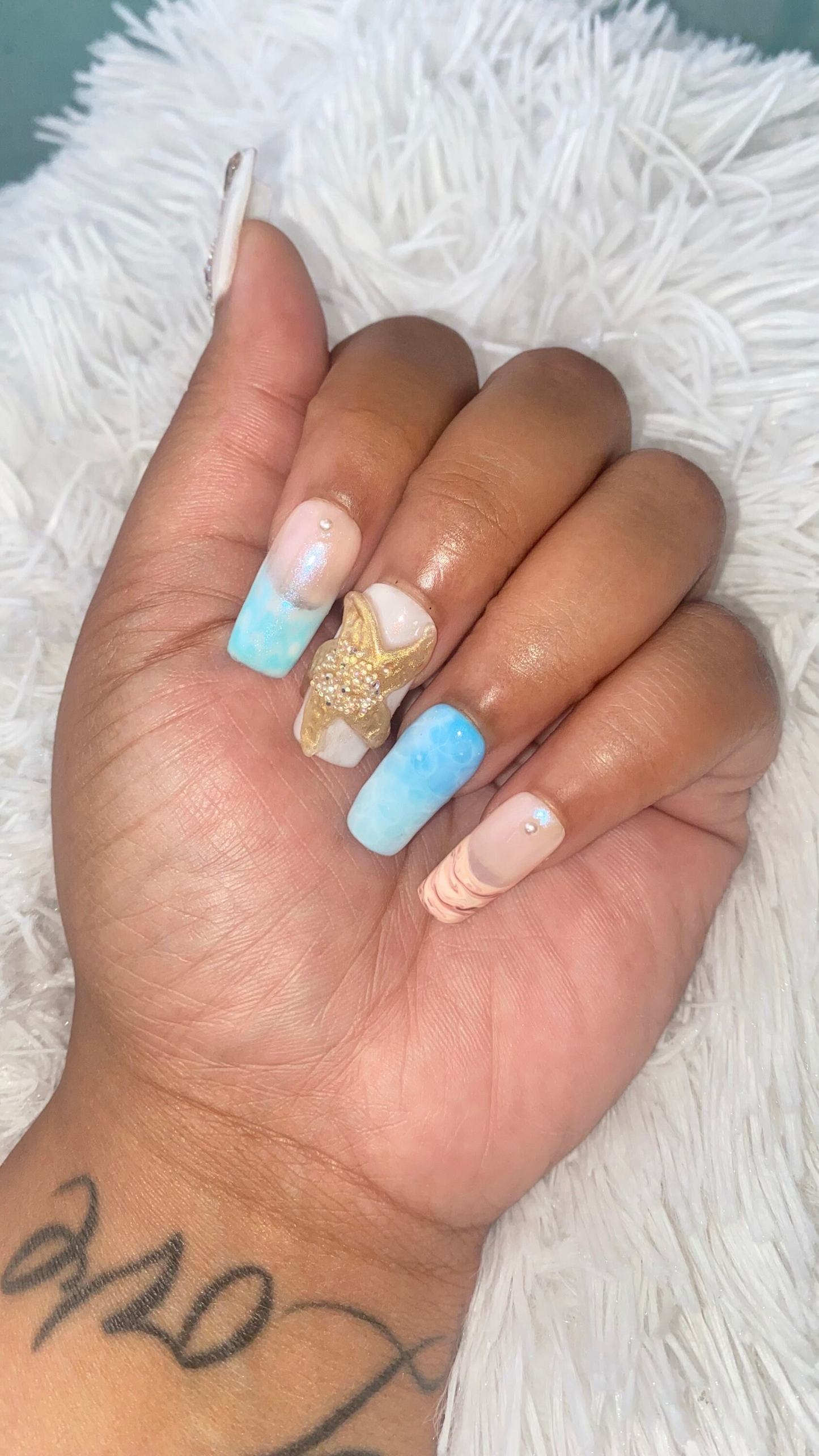 Free Style Blue Ocean and Abalone Sea Shell Press On Nails - MoonlitCrafterz