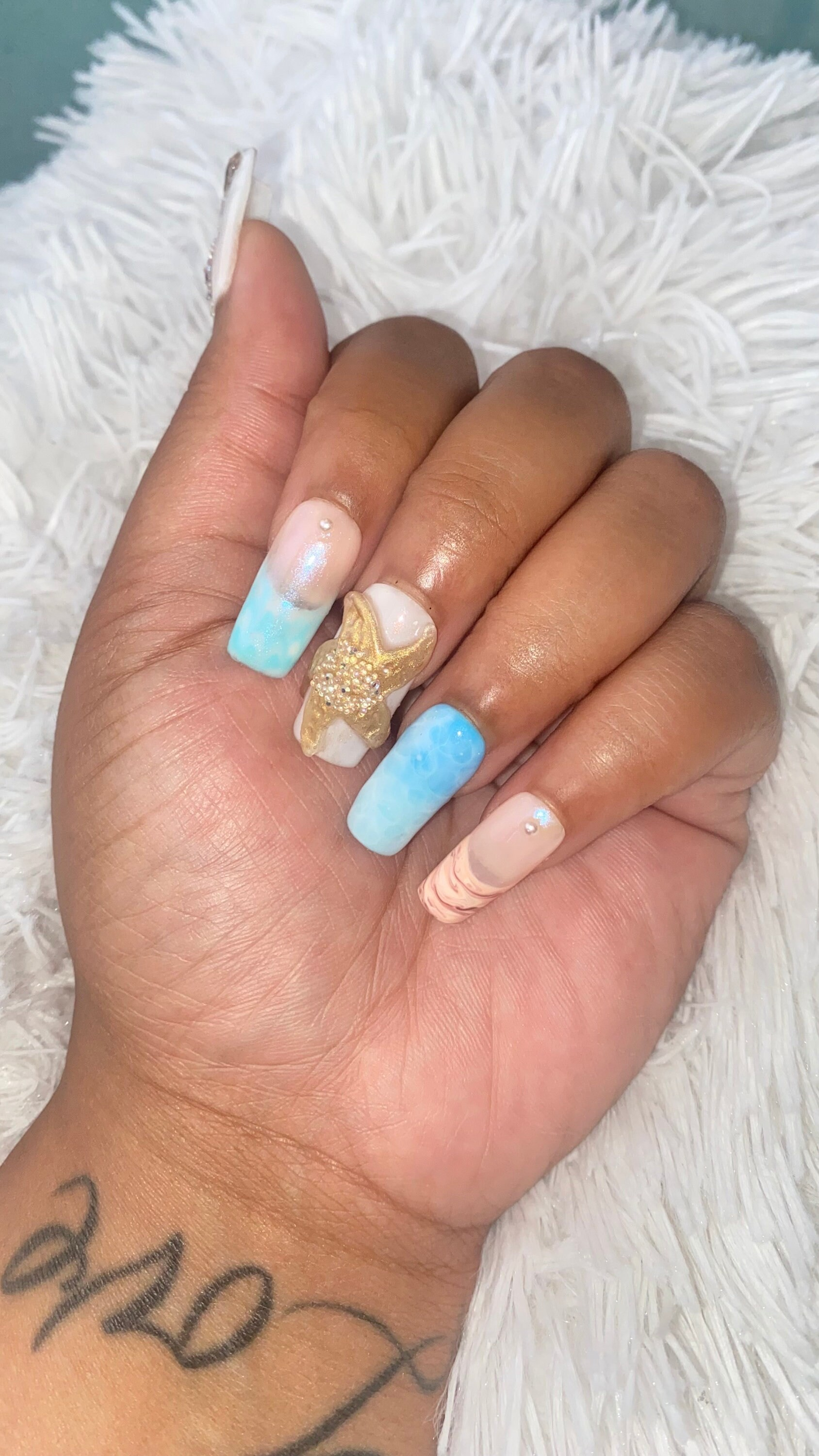 Free Style Blue Ocean and Abalone Sea Shell Press On Nails - MoonlitCrafterz