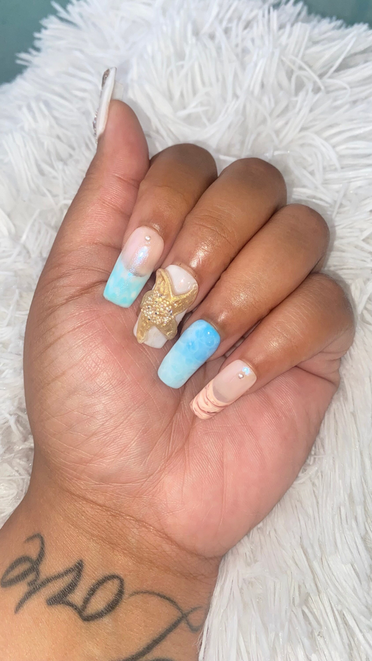 Free Style Blue Ocean and Abalone Sea Shell Press On Nails - MoonlitCrafterz