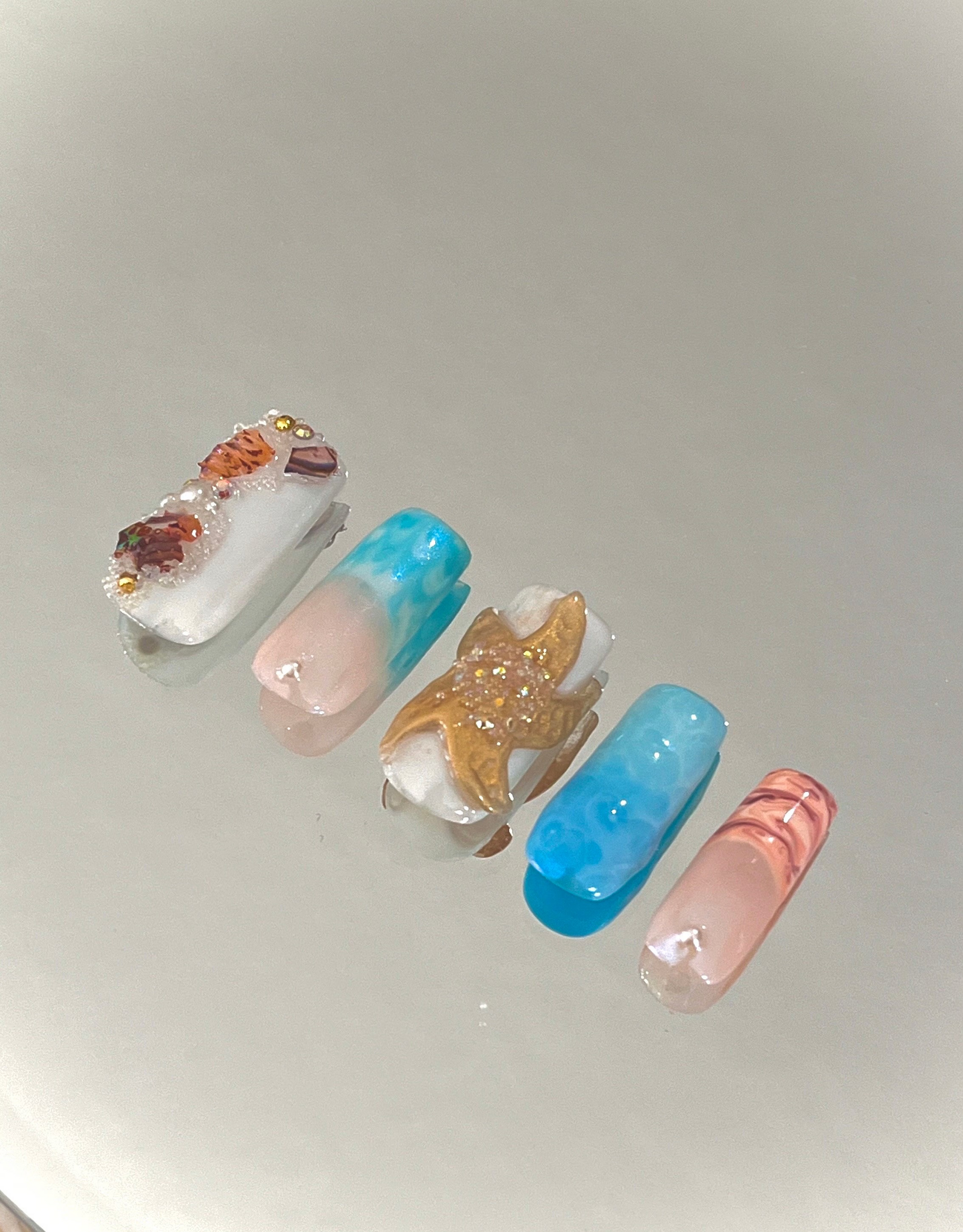 Free Style Blue Ocean and Abalone Sea Shell Press On Nails - MoonlitCrafterz