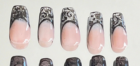 Black Nude Lace French Tip Press On Nails - MoonlitCrafterz