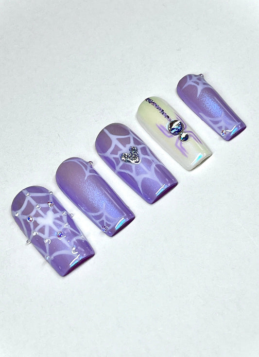 Purple Spider Web Halloween Nail Art Gel Press On Nails