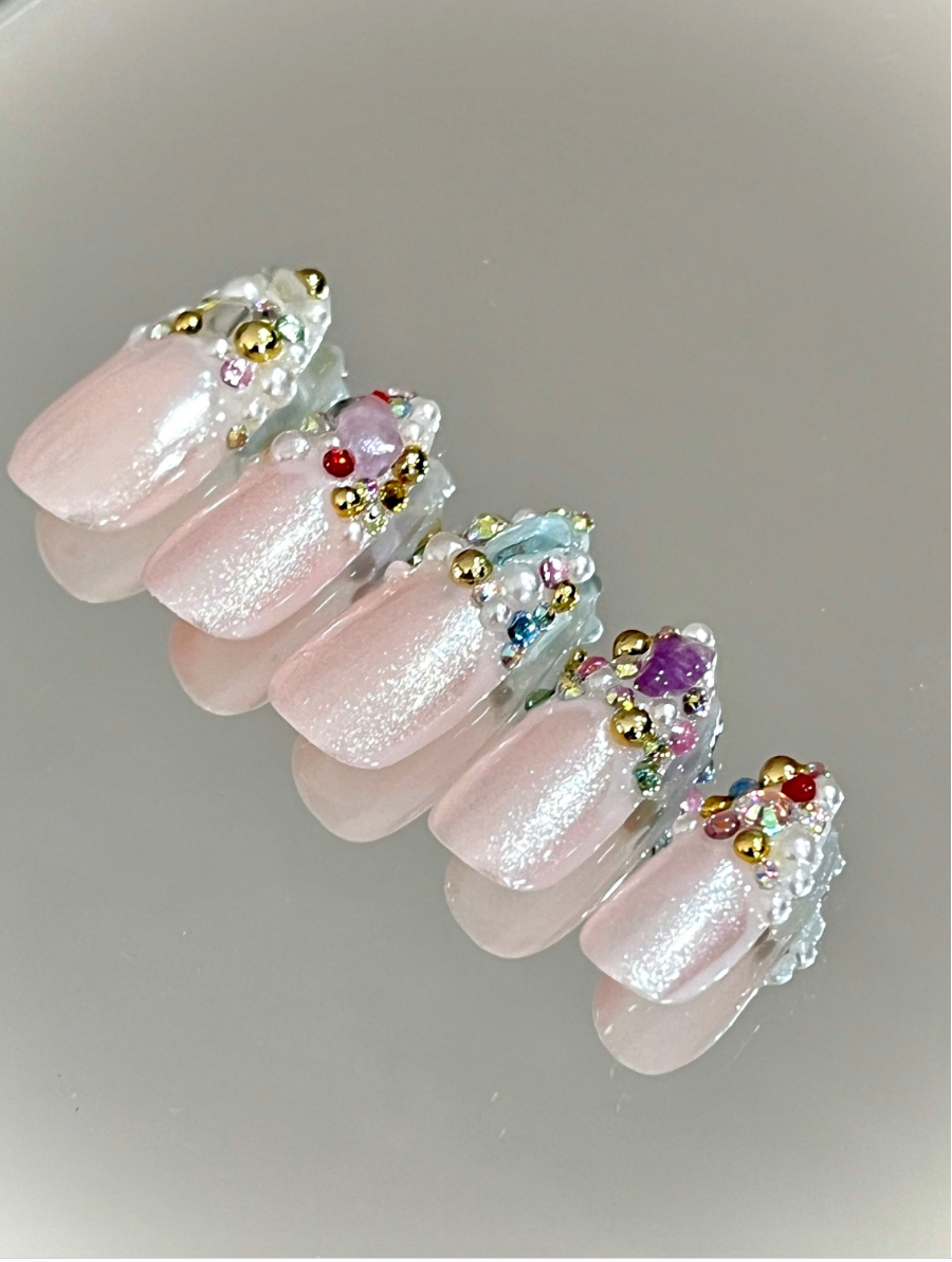 Free Style Rainbow Crystal Treasure Chest Junk Press On Nails - MoonlitCrafterz