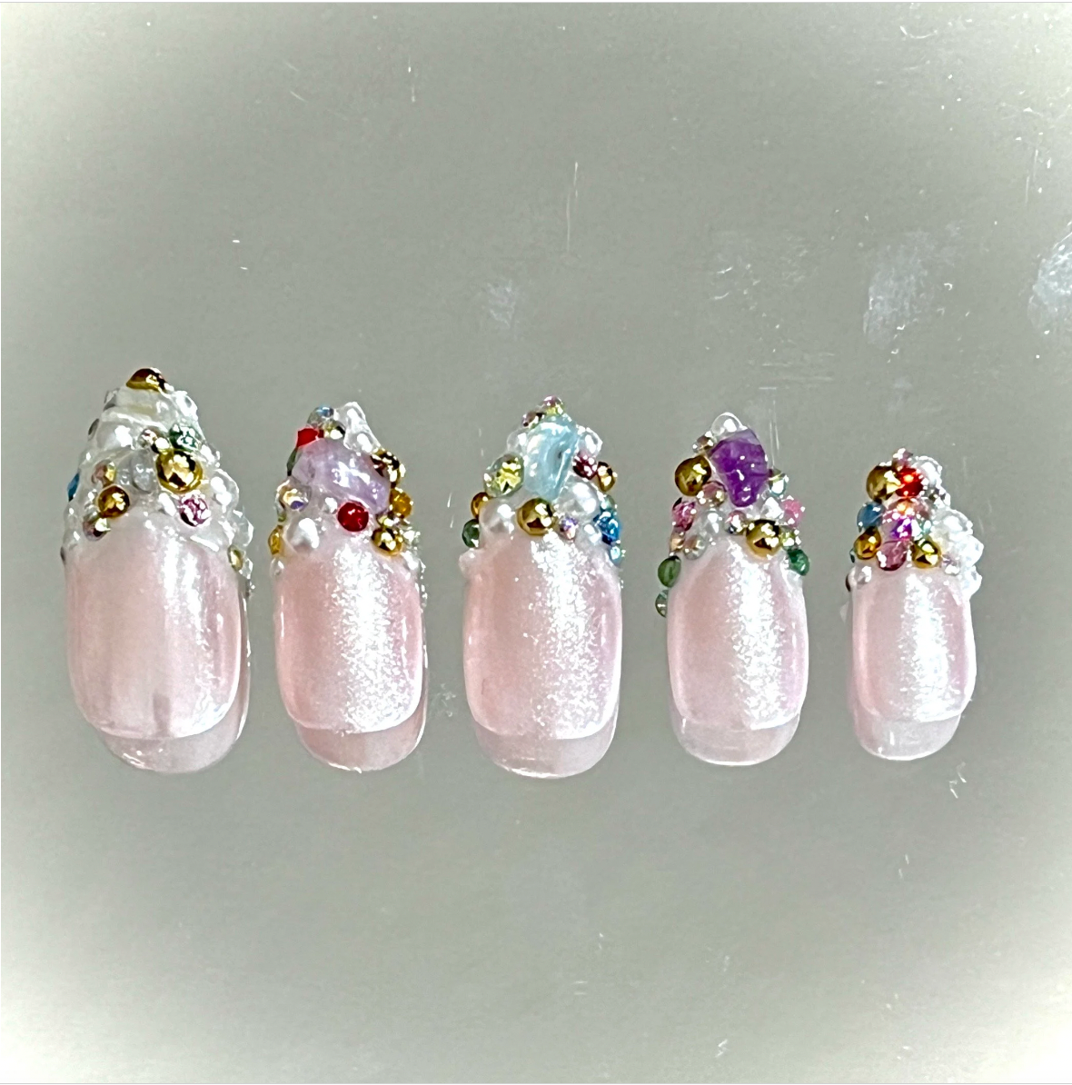 Free Style Rainbow Crystal Treasure Chest Junk Press On Nails - MoonlitCrafterz