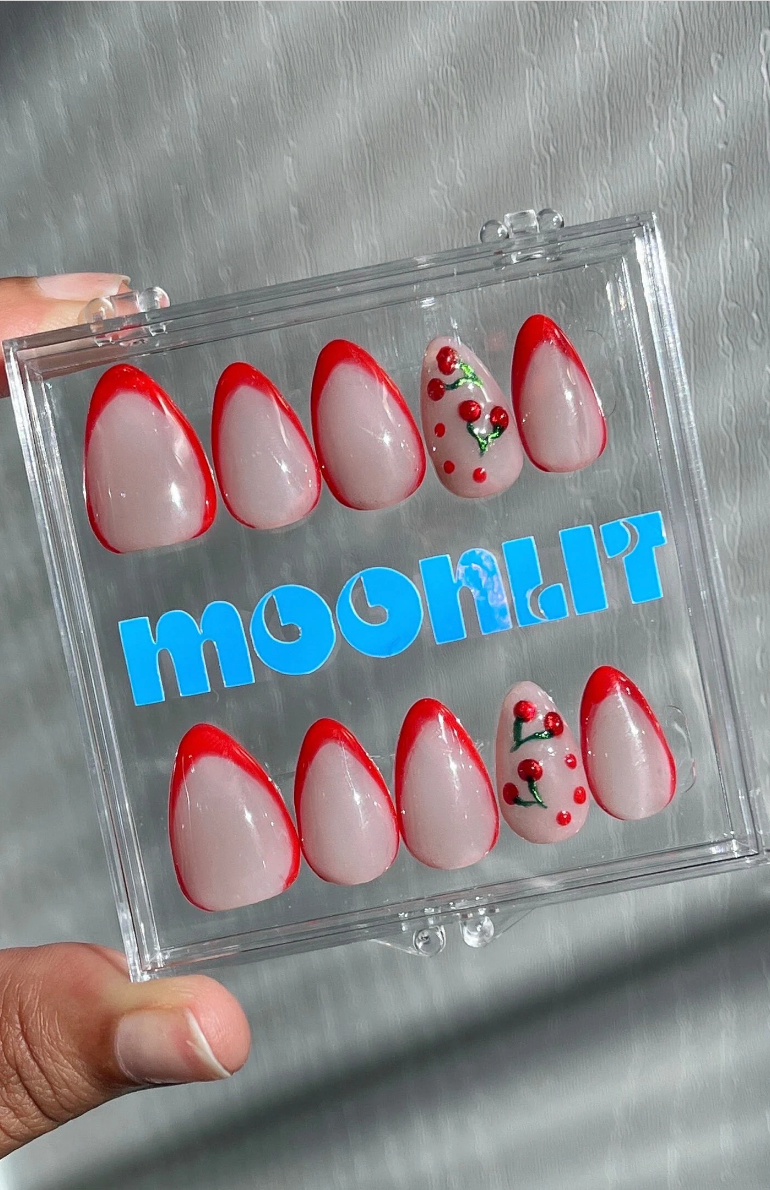 Red Cherry French Tip Gel Press On Nails - MoonlitCrafterz