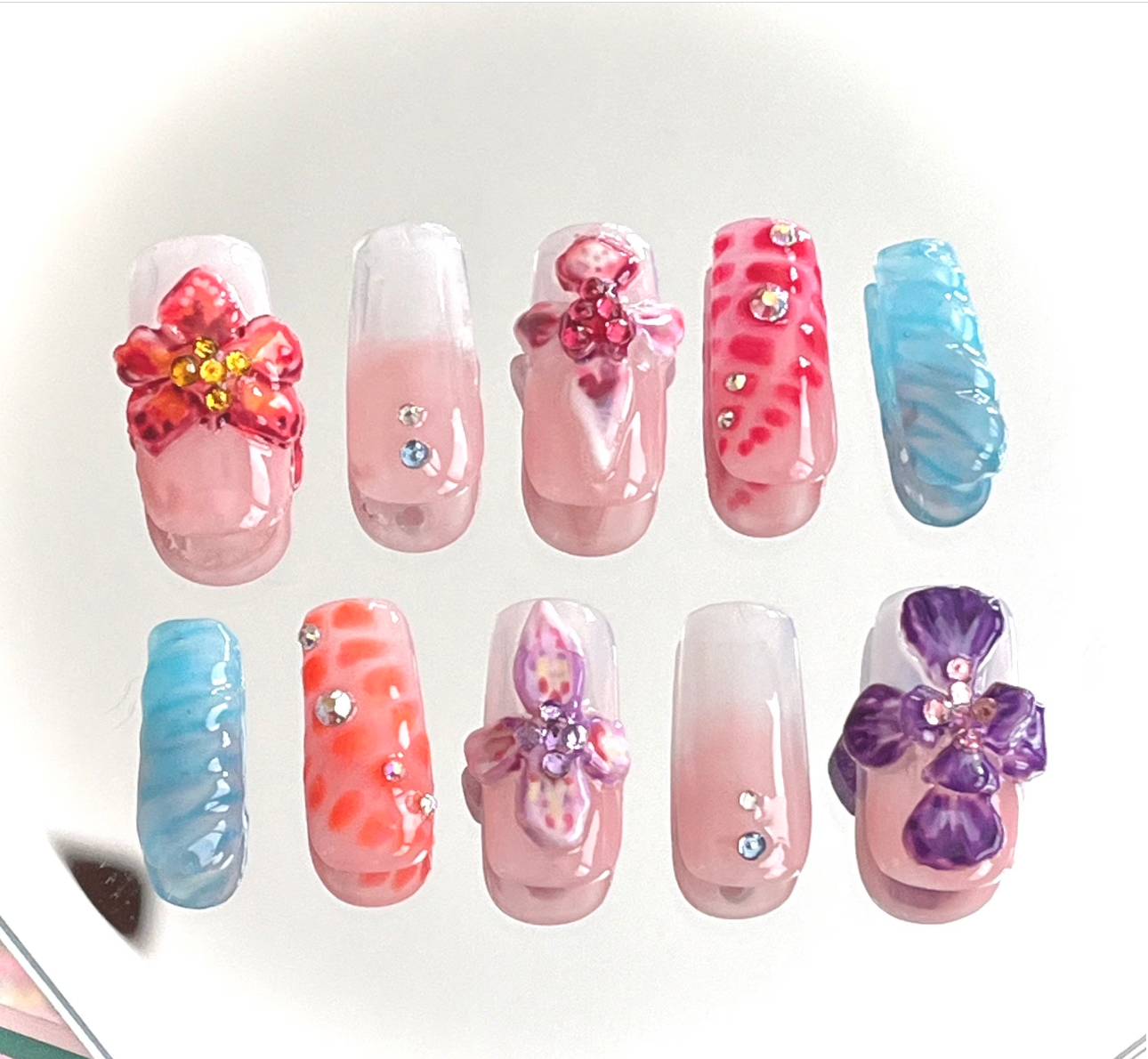 3D Orchid Flower Gel Press On Nails - MoonlitCrafterz