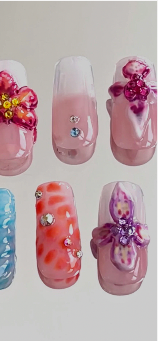 3D Orchid Flower Gel Press On Nails - MoonlitCrafterz