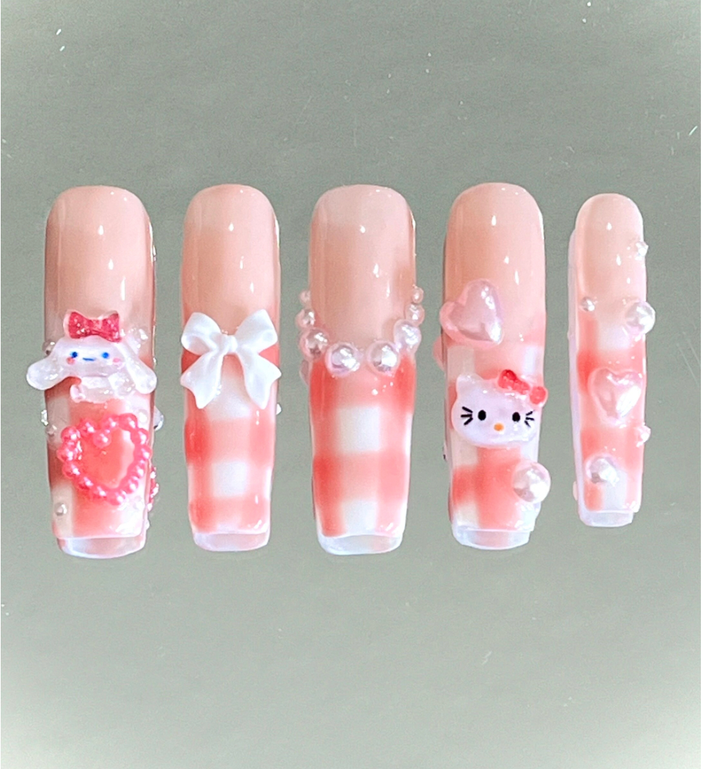 Summer Pink Plaid & Pearl Gel Press On Nails - MoonlitCrafterz