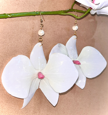 White and Pink Orchid 14K Gold Drop Earrings - MoonlitCrafterz