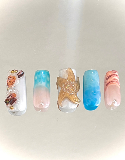 Free Style Blue Ocean and Abalone Sea Shell Press On Nails - MoonlitCrafterz